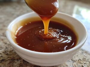Close-up of thick, glossy homemade caramel sauce being drizzled from a spoon into a small white bowl.