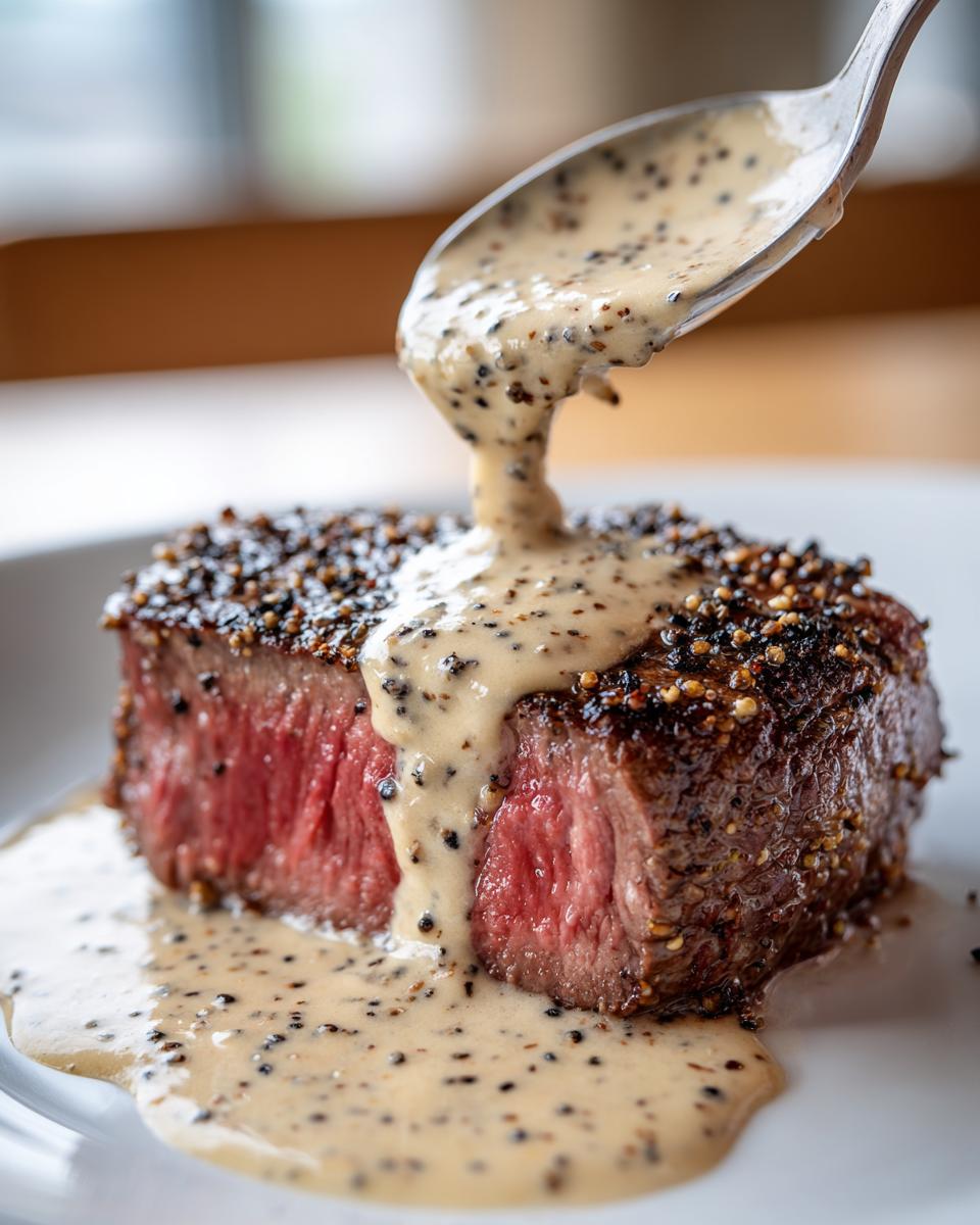 A spoonful of creamy peppercorn sauce is poured over a perfectly cooked, medium-rare steak crusted with black peppercorns.