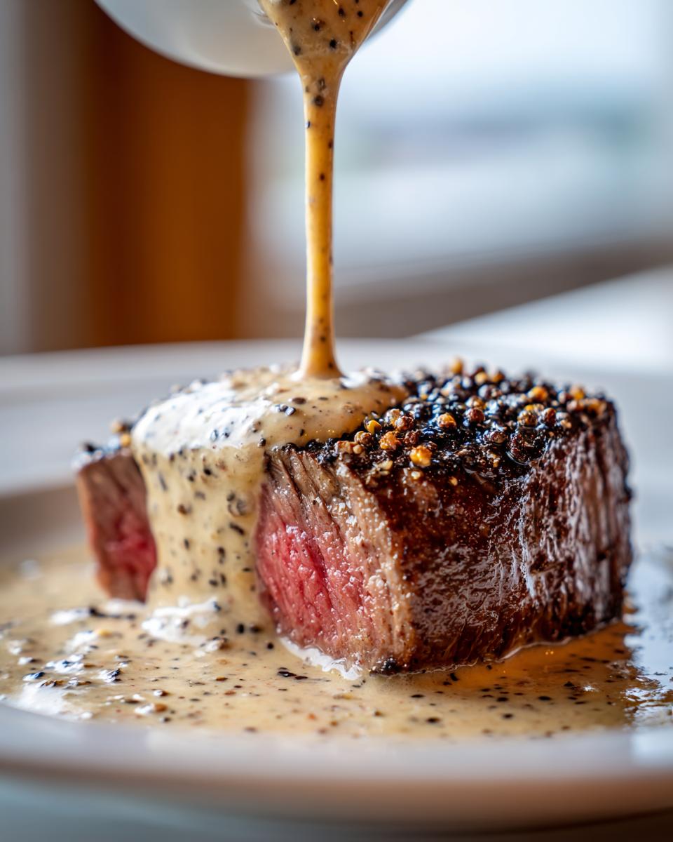 A thick, creamy peppercorn sauce being poured over a perfectly cooked, medium-rare steak crusted with whole peppercorns.