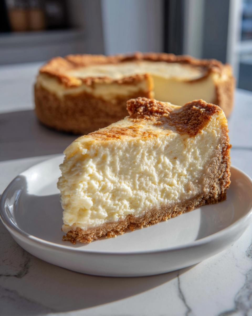 A thick slice of creamy Protein Cheesecake with a graham cracker crust sits on a white plate, with the rest of the cake blurred in the background.