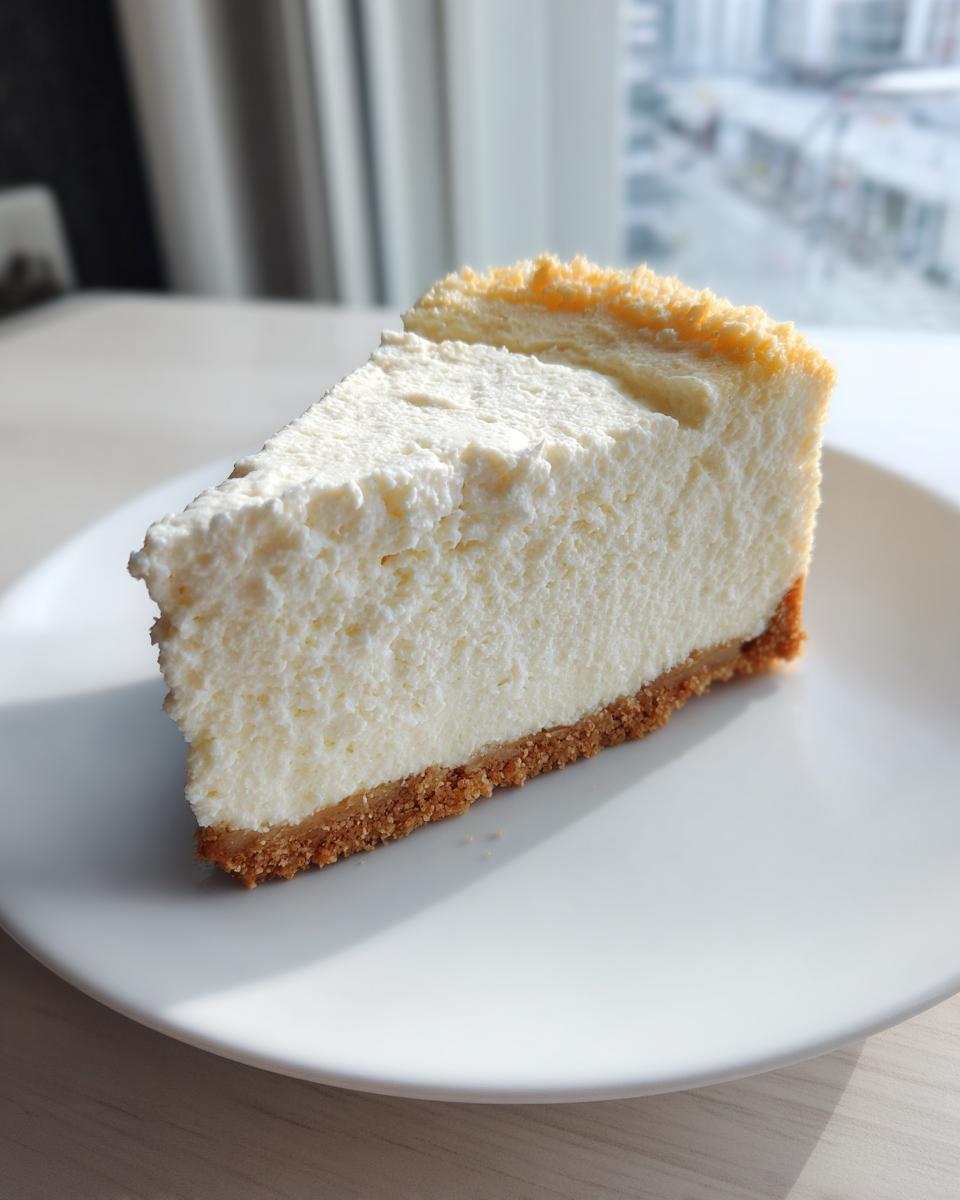 A perfect slice of creamy, white Protein Cheesecake with a golden graham cracker crust served on a white plate.
