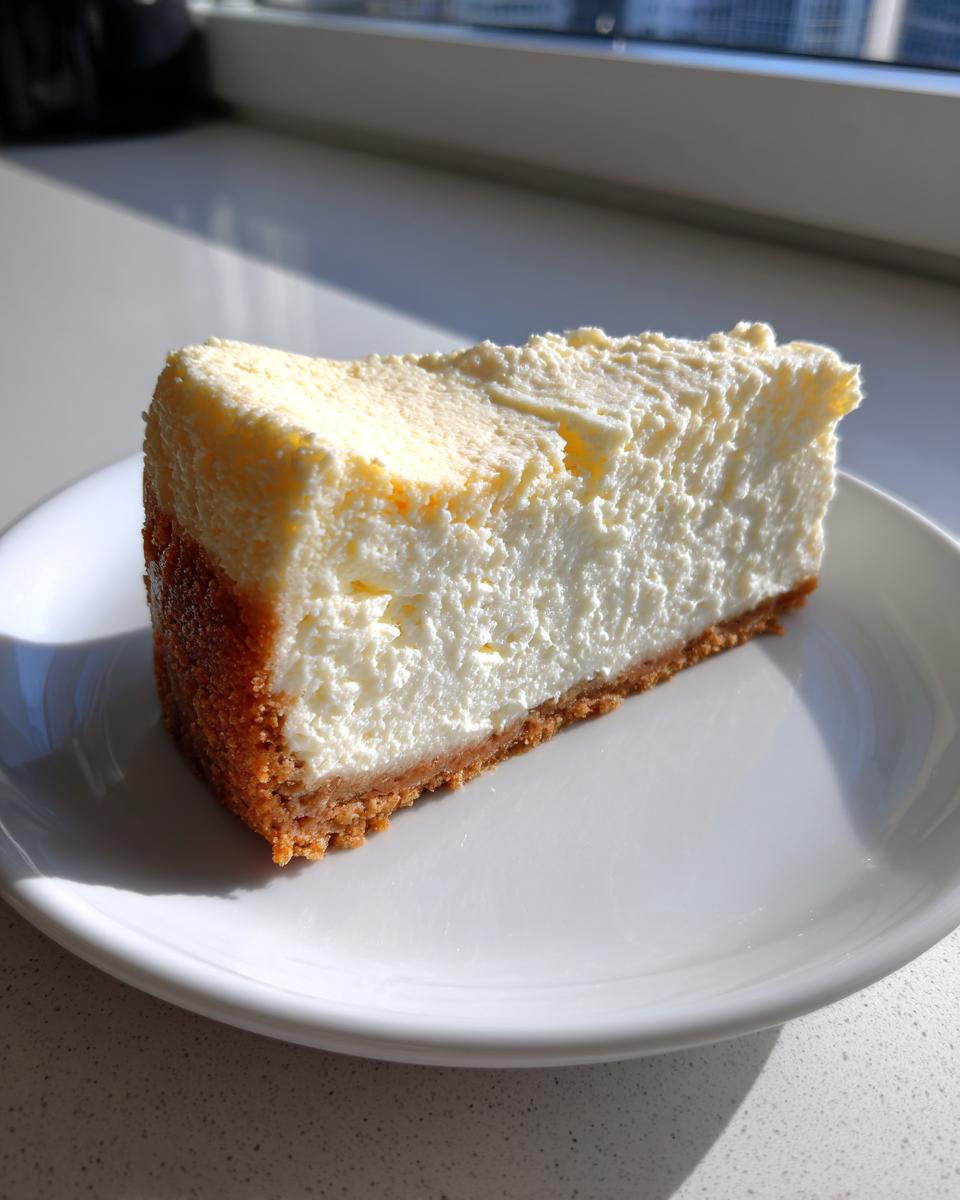 A thick slice of creamy white Protein Cheesecake with a graham cracker crust on a white plate.