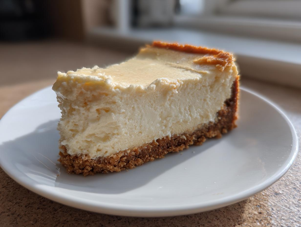 A thick slice of creamy Protein Cheesecake with a graham cracker crust, served on a white plate.