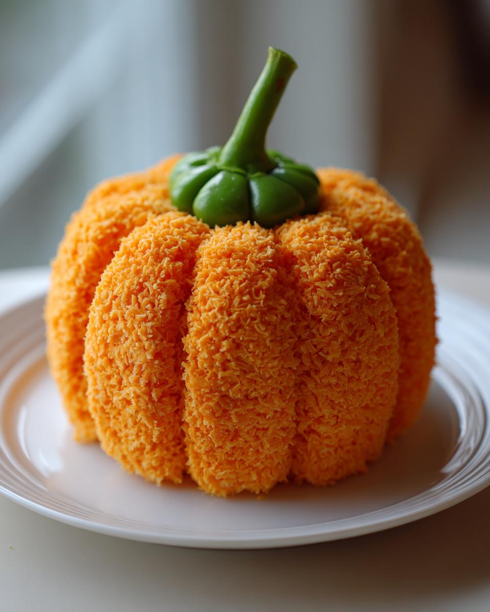 A beautifully shaped pumpkin cheese ball coated in orange coconut flakes, topped with a green stem.