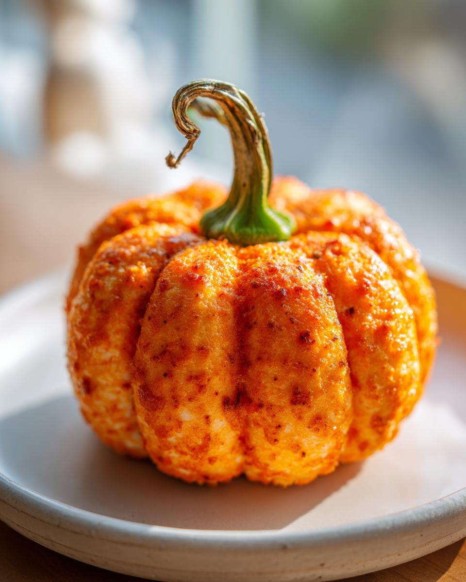 A finished pumpkin cheese ball perfectly shaped like a small pumpkin, complete with a green stem.