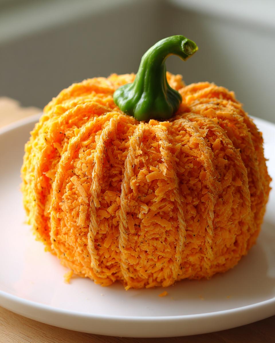 A festive, orange pumpkin cheese ball coated in shredded cheese, topped with a green pepper stem.