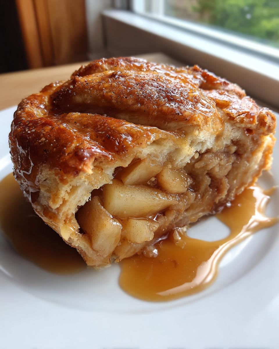 A close-up shot of a moist, flaky apple dumpling filled with spiced apples, drizzled with caramel sauce on a white plate.