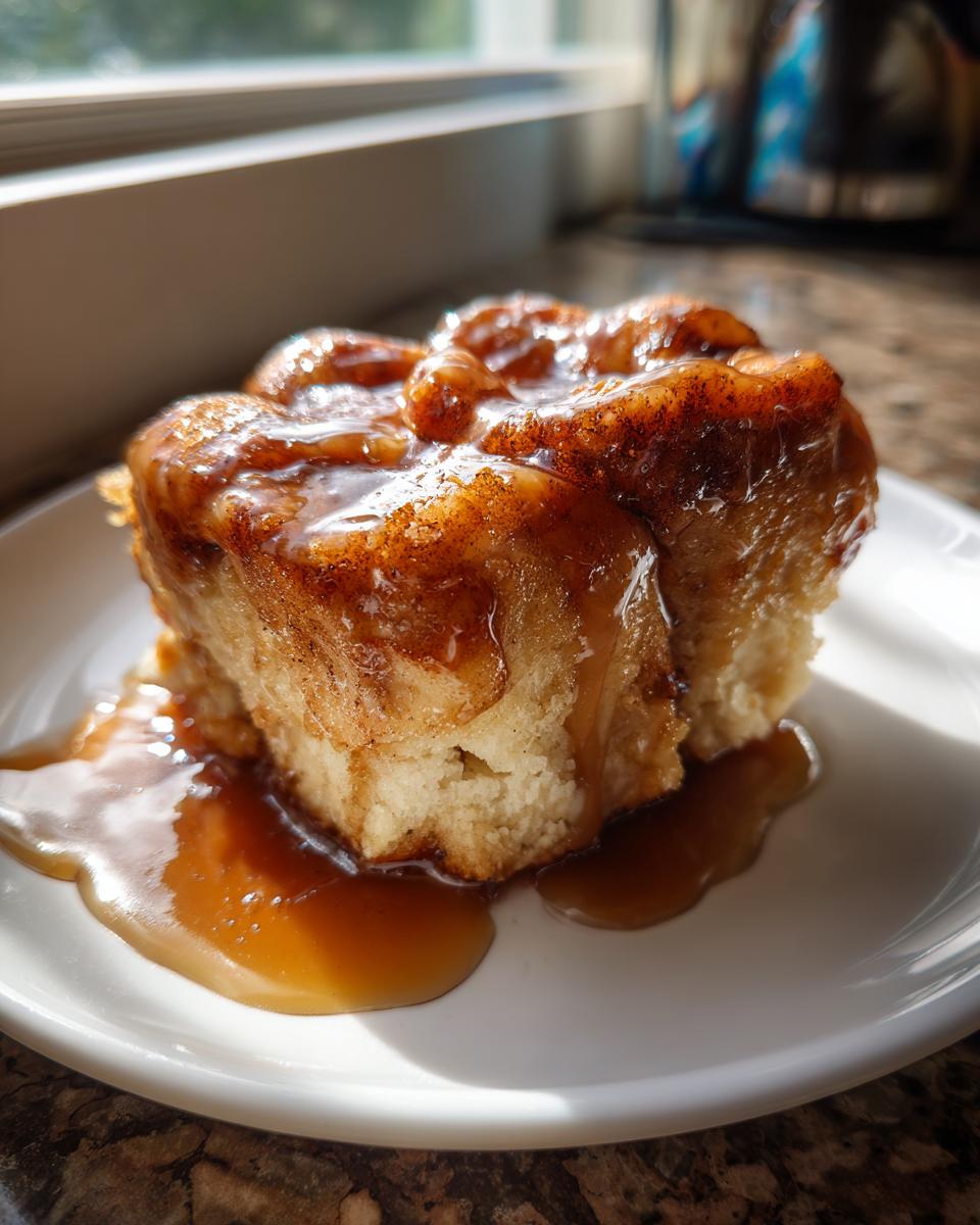 A single serving of a moist apple dumpling covered in thick caramel glaze, served on a white plate.