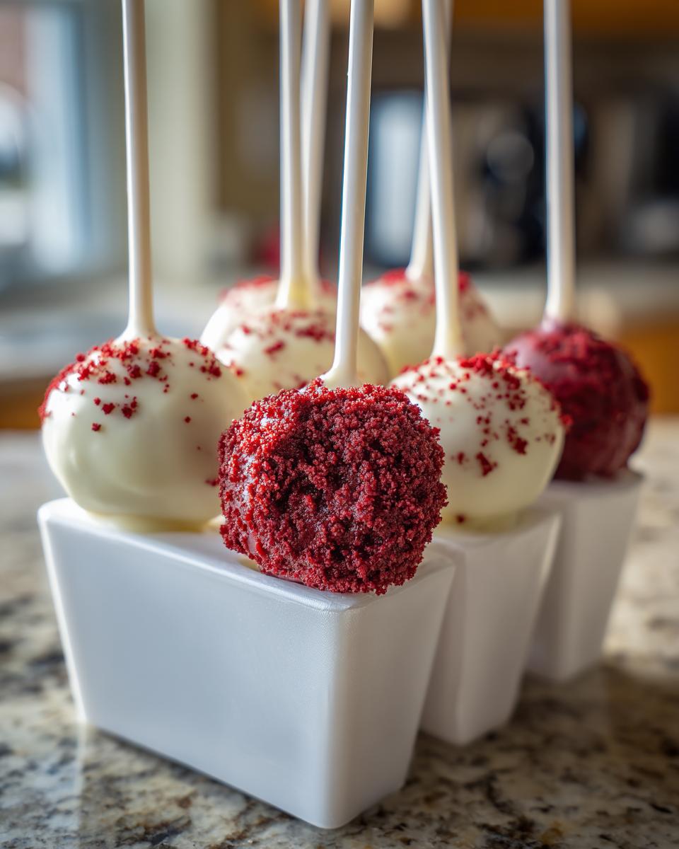 A close-up of several red velvet cake pops, some dipped in white chocolate and sprinkled with red crumbs, displayed upright.