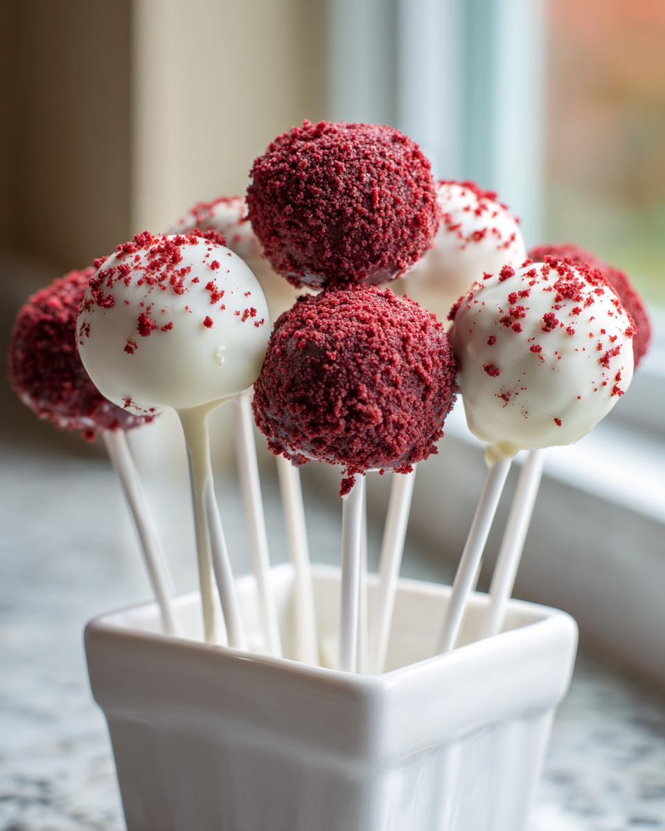 A bouquet of red velvet cake pops, some fully coated in red crumbs and others dipped in white chocolate, standing in a white square holder.