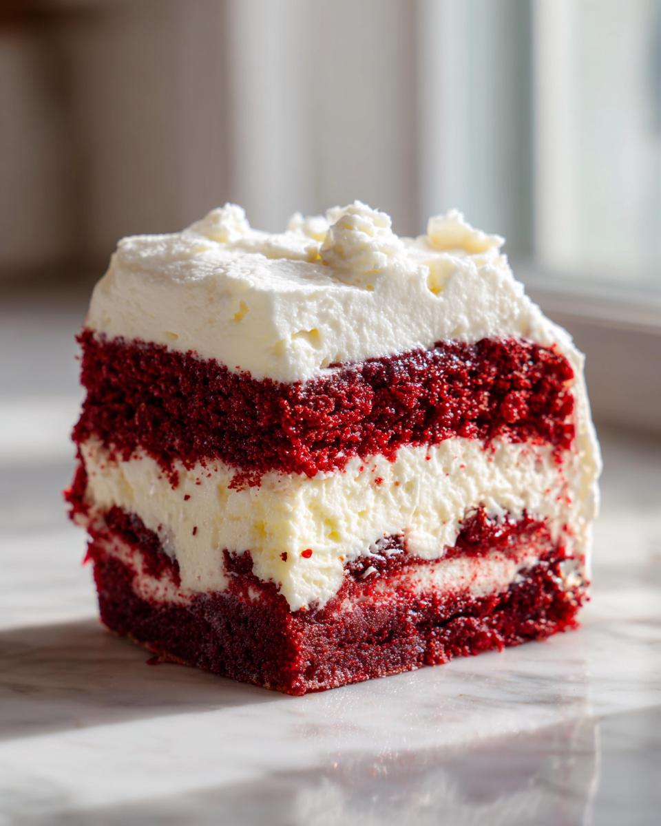 Close-up of a decadent slice of red velvet cheesecake showing vibrant red cake layers and thick cream cheese frosting.
