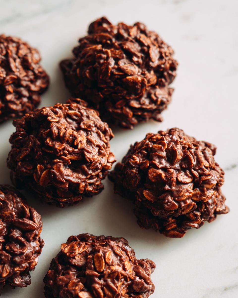 A close-up overhead shot of several rich, dark chocolate no bake cookies studded with oats, resting on a white marble surface.