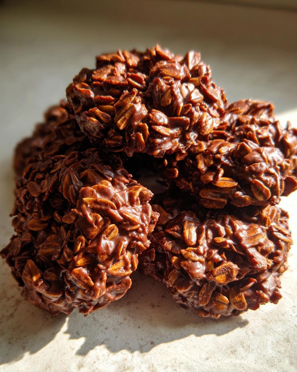 A stack of rich, dark chocolate no bake cookies loaded with oats, set in bright sunlight.