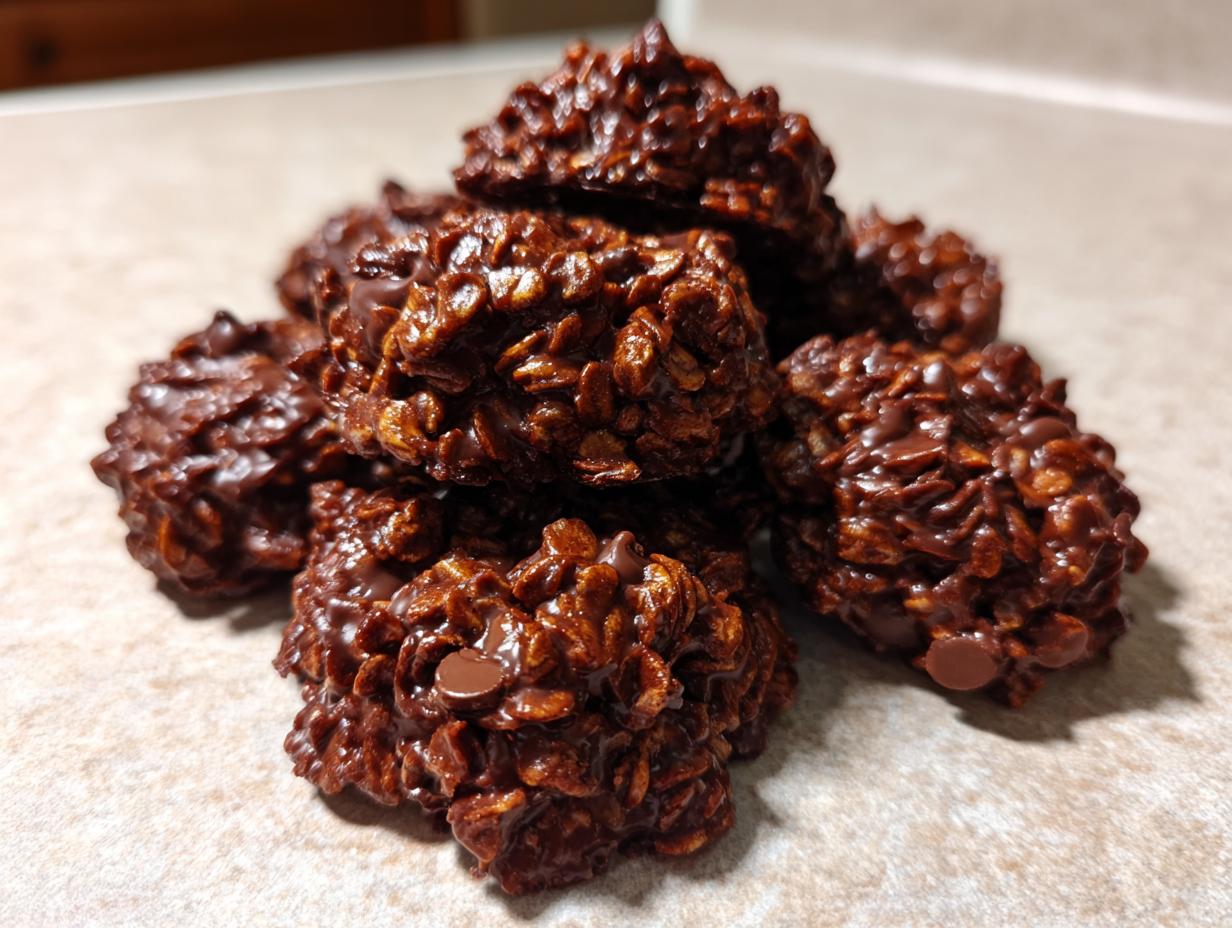 A close-up stack of rich, dark chocolate no bake cookies mixed with oats on a light countertop.