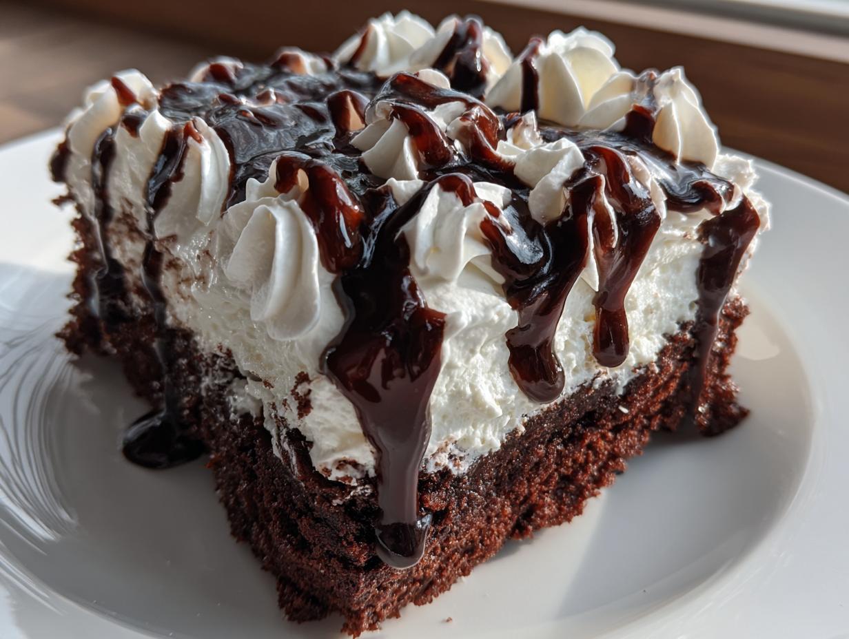 Close-up of a moist slice of chocolate poke cake topped with piped whipped cream and drizzled with rich chocolate syrup.