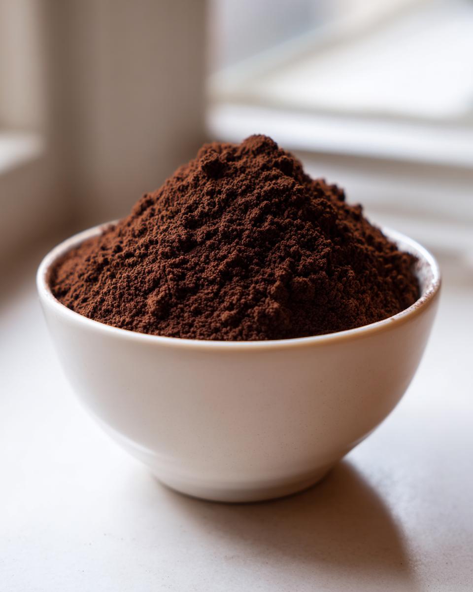 Close-up of rich, dark brown powder piled high in a small white bowl, representing homemade hot cocoa mix ingredients.