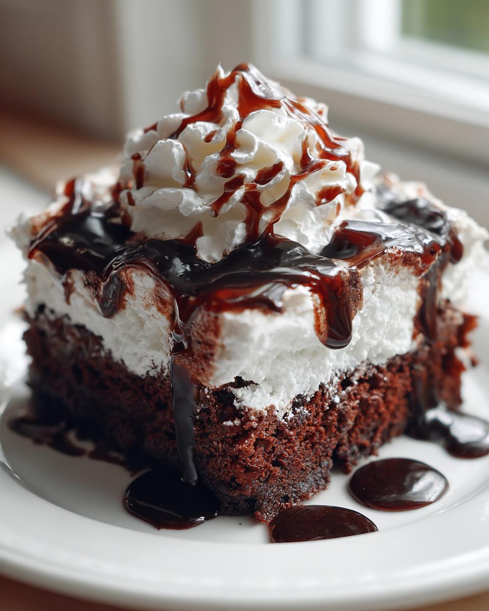 A close-up of a rich slice of chocolate poke cake topped with whipped cream and chocolate syrup.