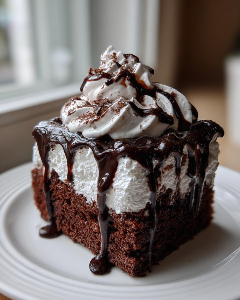 A decadent slice of chocolate poke cake topped with thick white frosting, chocolate syrup drizzle, and whipped cream.