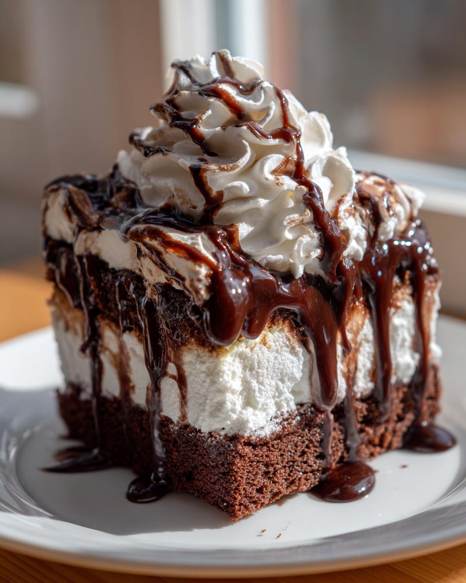 A decadent slice of chocolate poke cake layered with white filling and topped with whipped cream and chocolate syrup.