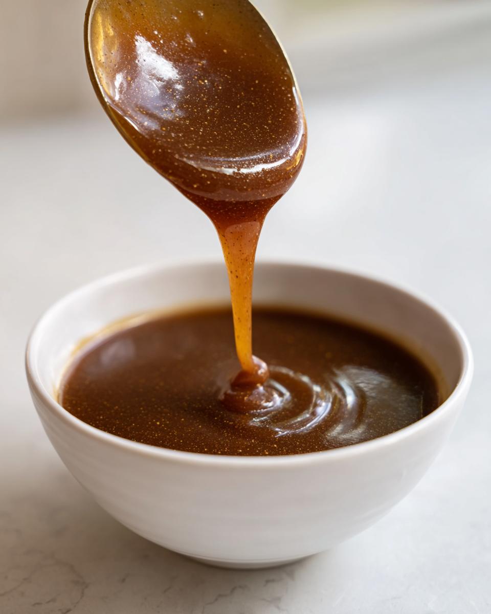 A spoonful of rich, dark brown turkey gravy is being poured back into a white bowl, showing its thick consistency.