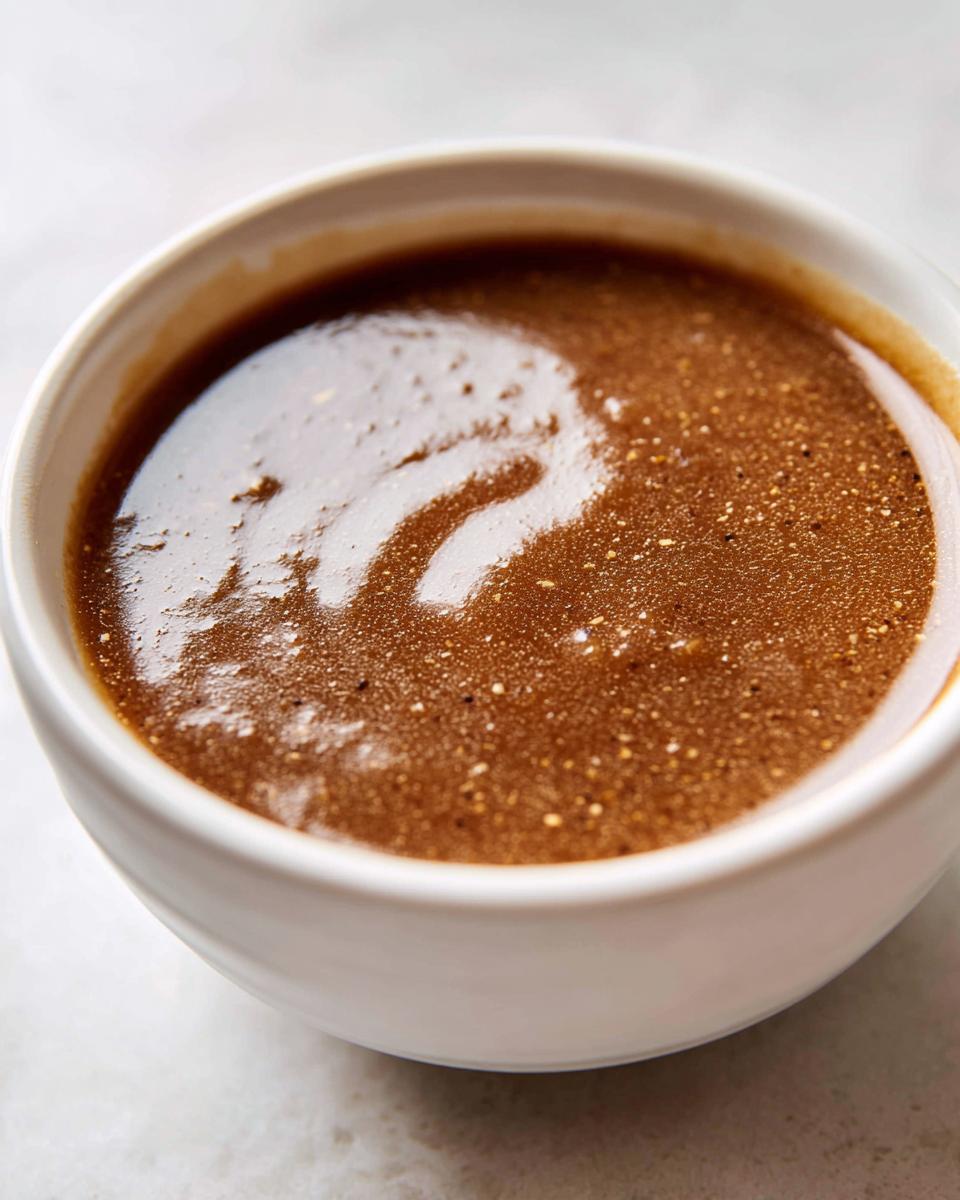 Close-up of rich, brown turkey gravy with visible specks of seasoning in a small white bowl.