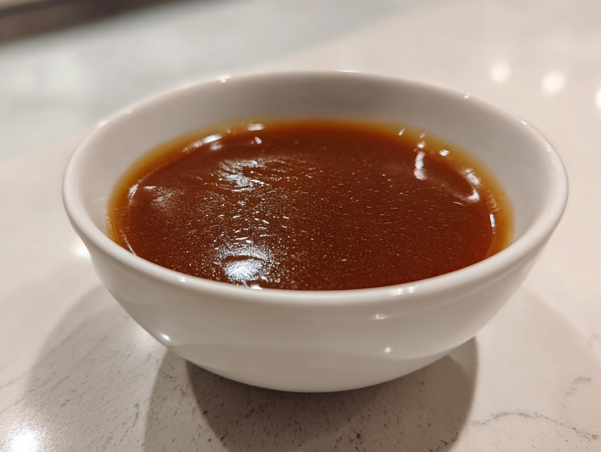 Close-up of rich, dark brown turkey gravy served in a small white bowl on a light countertop.