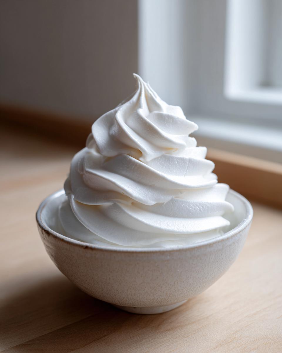 A perfect swirl of thick, pure white royal icing recipe filling a small, speckled ceramic bowl.