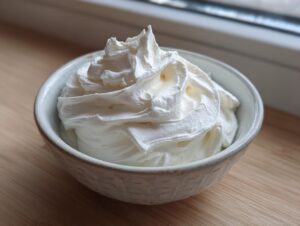 Close-up of stiff, bright white royal icing recipe mixture swirled high in a small ceramic bowl.