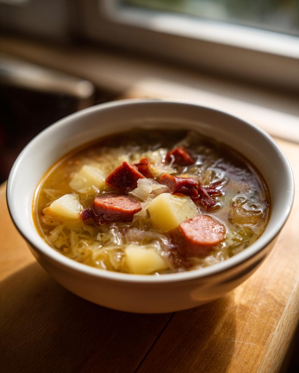 Close-up of a white bowl filled with rich sauerkraut soup, featuring chunks of potato and sliced smoked sausage.