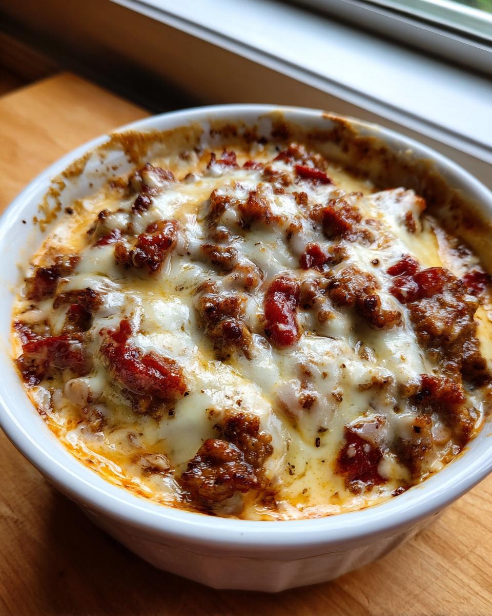 Close-up of a bubbling, baked sausage cheese dip topped with melted mozzarella cheese in a white bowl.