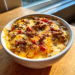 Close-up of a white bowl filled with hot, bubbly sausage cheese dip topped with melted orange and white cheese.