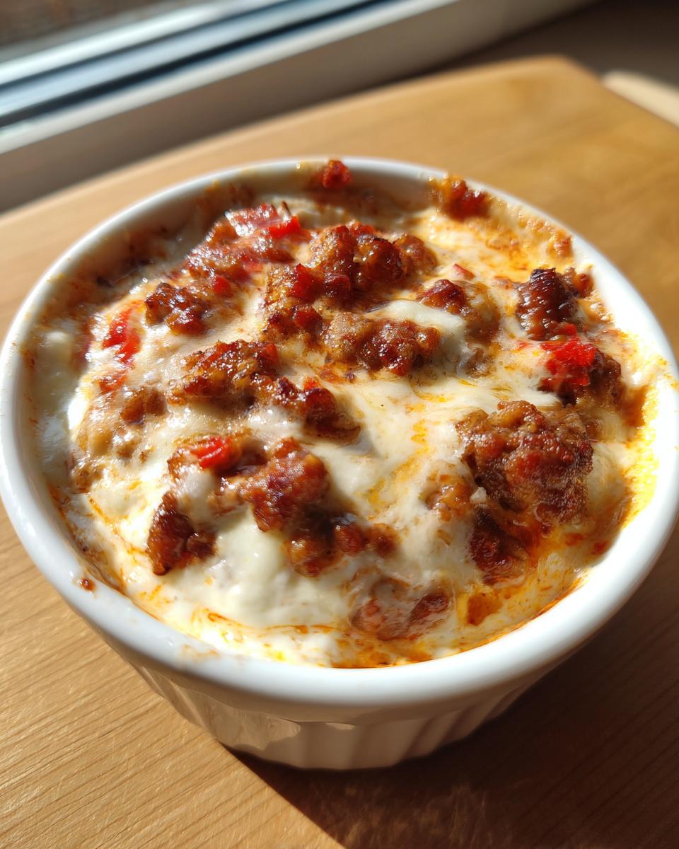 Close-up of a small white ramekin filled with bubbling, melted cheese and browned sausage crumbles, perfect for a sausage cheese dip.