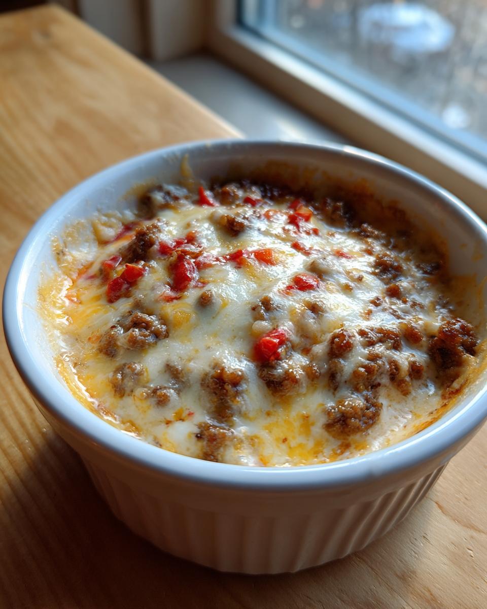 Close-up of a bubbling, baked sausage cheese dip topped with melted white cheese and red peppers in a white ramekin.
