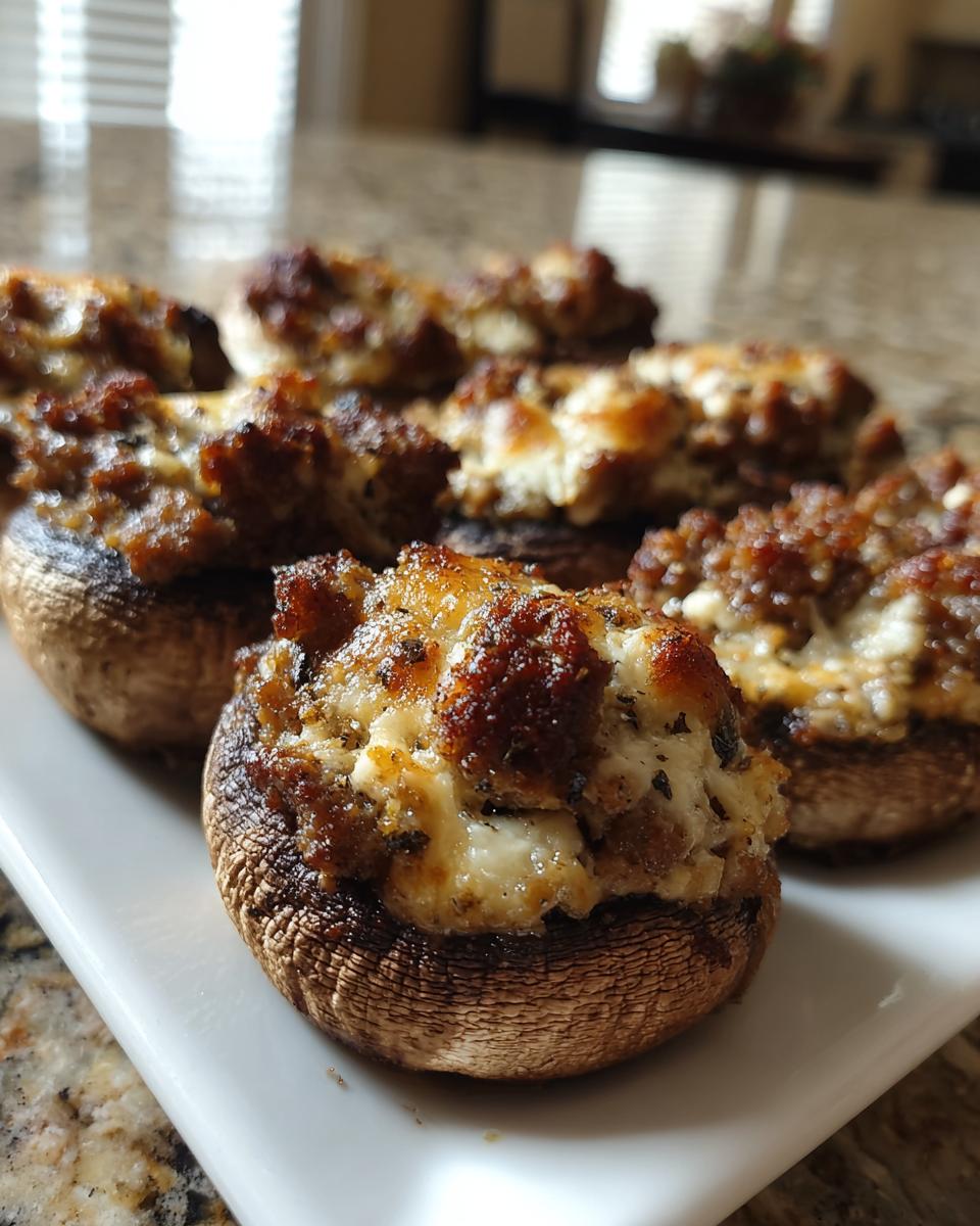 Close-up of freshly baked sausage stuffed mushrooms with melted cheese topping on a white serving platter.