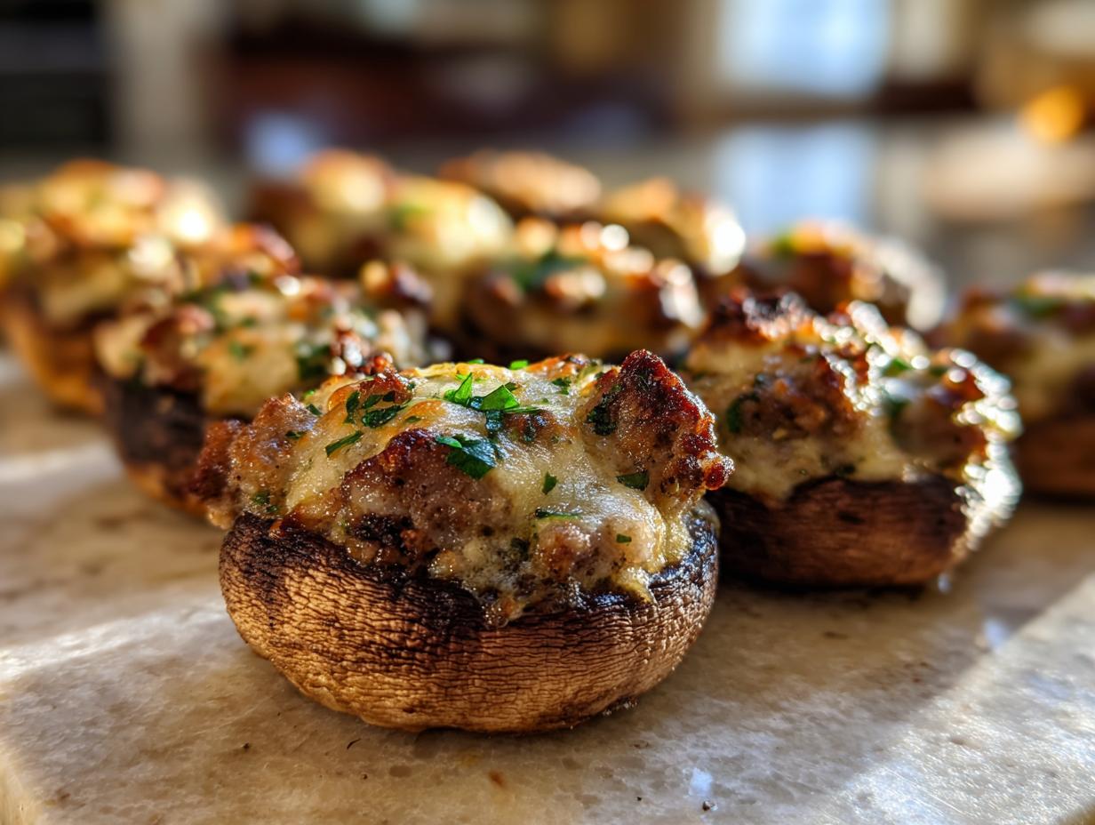 Close-up of baked sausage stuffed mushrooms topped with melted cheese and fresh parsley garnish.