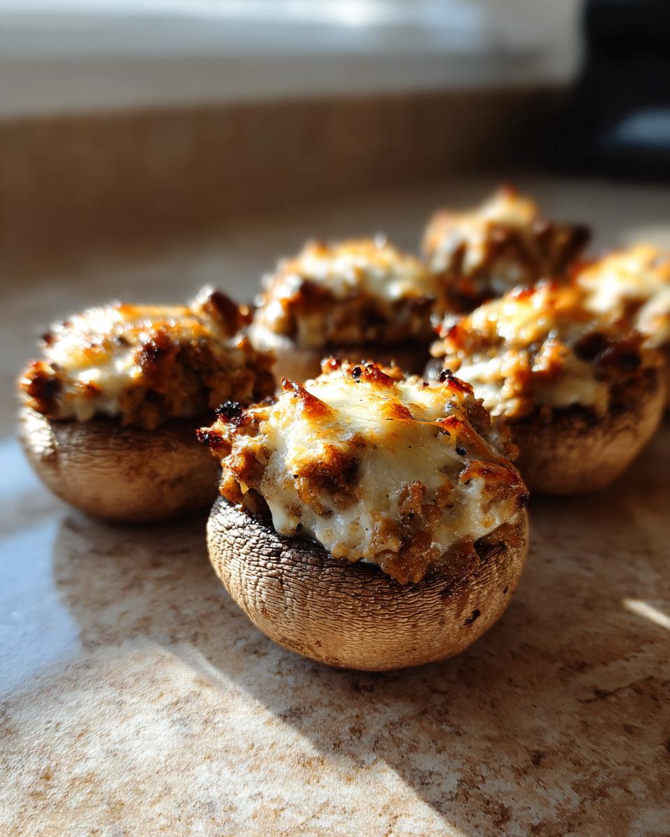 Several baked sausage stuffed mushrooms topped with melted, browned cheese, sitting on a counter.