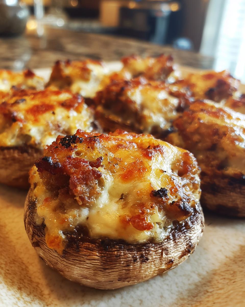 A close-up of freshly baked sausage stuffed mushrooms topped with melted, browned cheese.