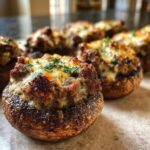 Close-up of baked sausage stuffed mushrooms topped with melted, browned cheese and fresh parsley garnish.