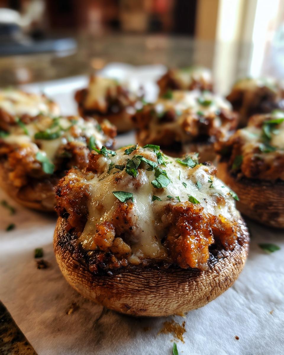 Close-up of baked sausage stuffed mushrooms topped with melted mozzarella and fresh parsley.