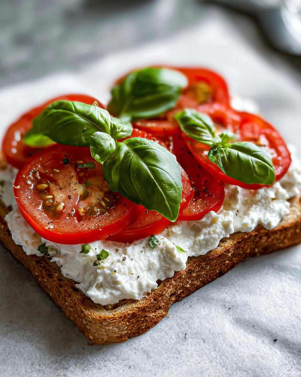 Close-up of savory cottage cheese toast topped with sliced red tomatoes, black pepper, and fresh basil leaves.