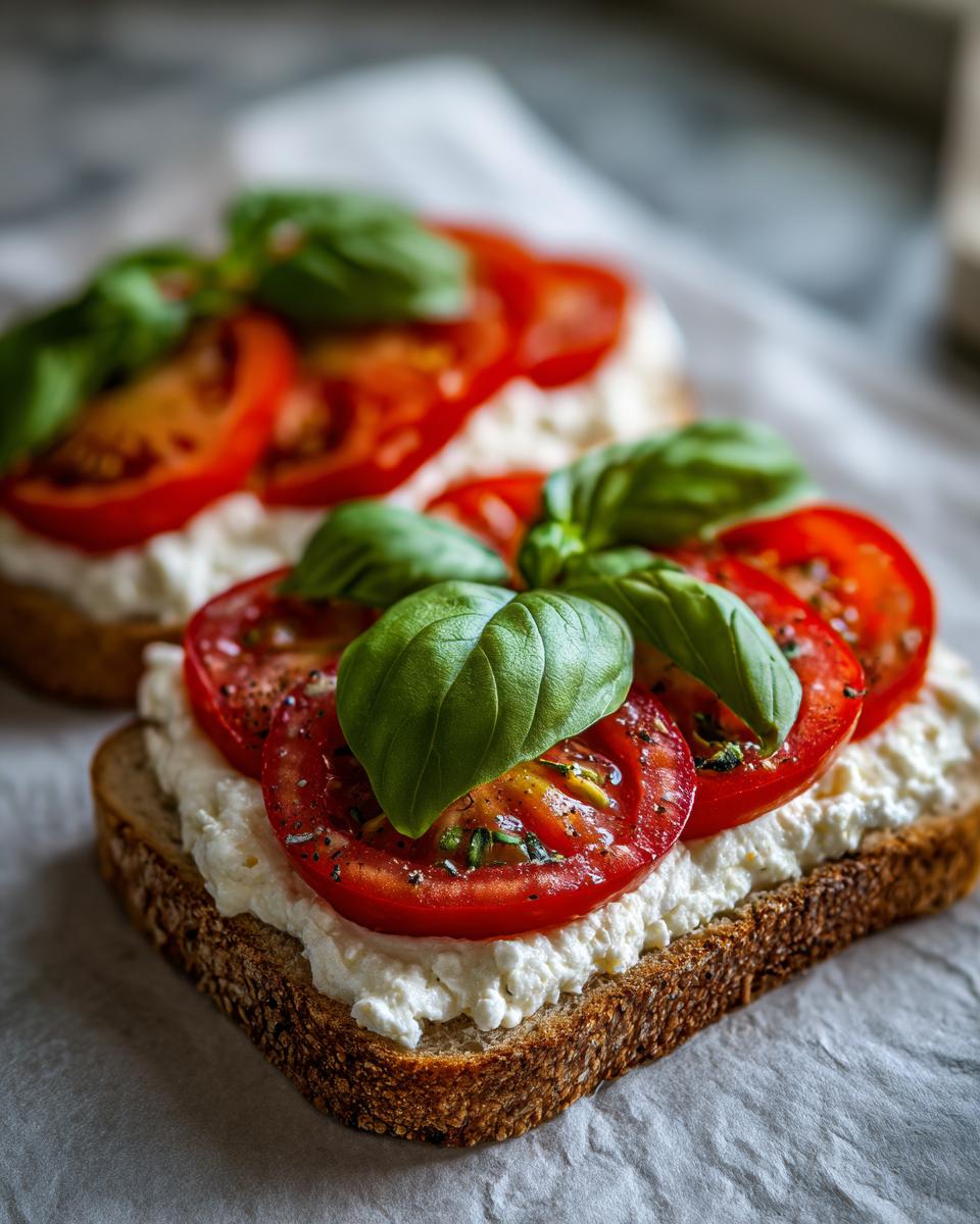 Close-up of savory cottage cheese toast topped with sliced red tomatoes, cracked pepper, and fresh basil leaves.