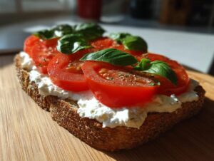 A slice of whole-grain cottage cheese toast topped with fresh tomato slices, basil leaves, and pepper.