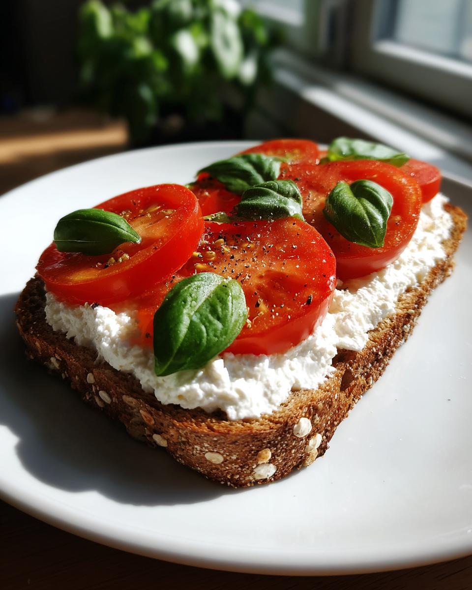 A slice of whole grain cottage cheese toast topped with fresh tomato slices, basil leaves, and pepper.