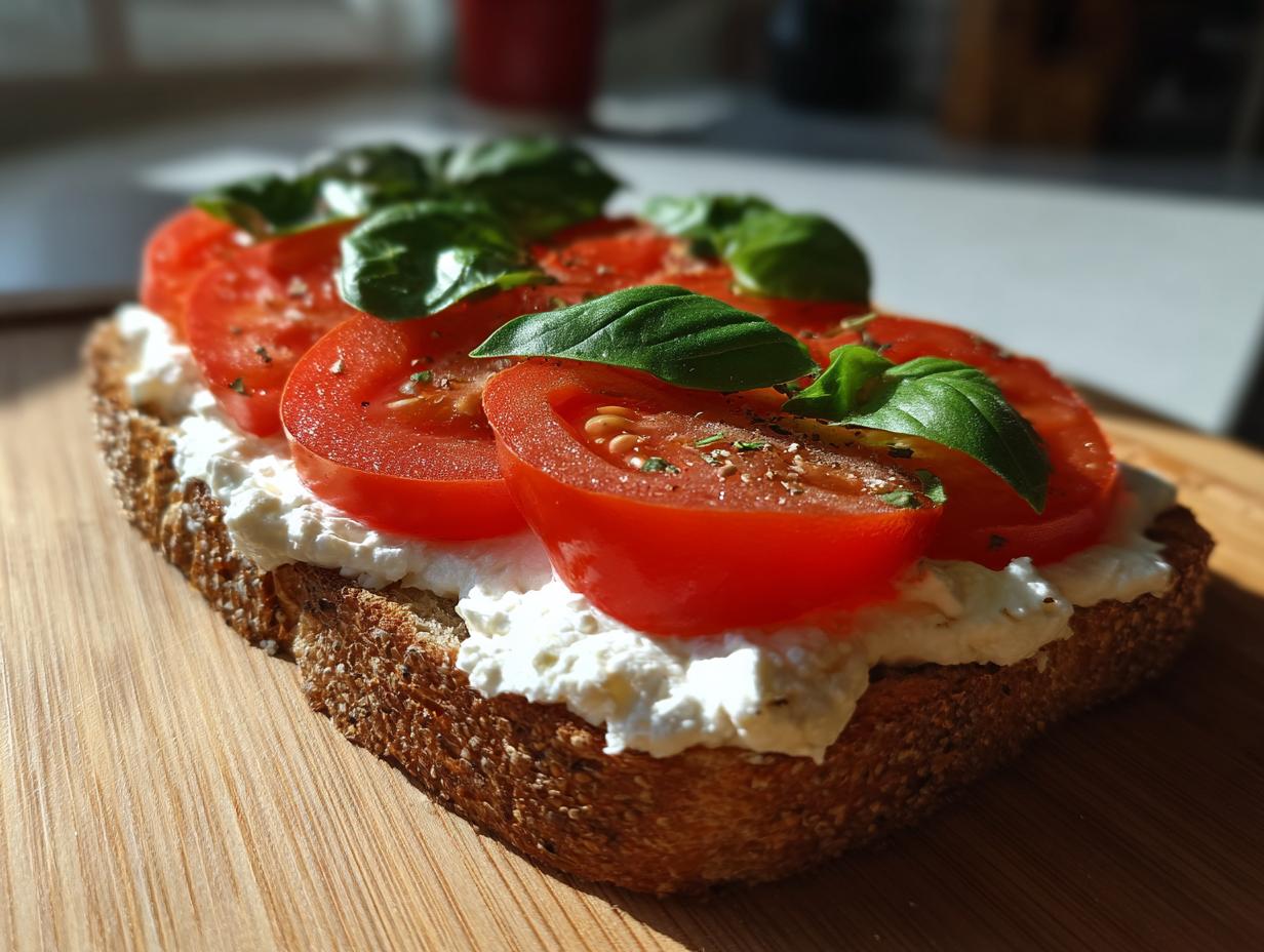 A slice of whole-grain cottage cheese toast topped with fresh tomato slices, basil leaves, and pepper.