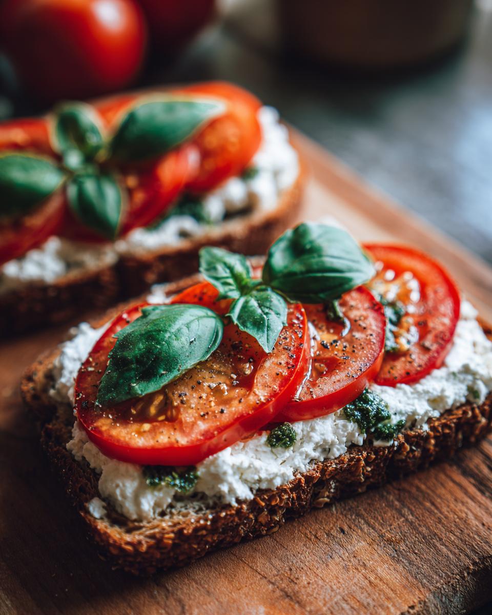 Close-up of savory cottage cheese toast topped with sliced tomatoes, fresh basil leaves, and pepper.