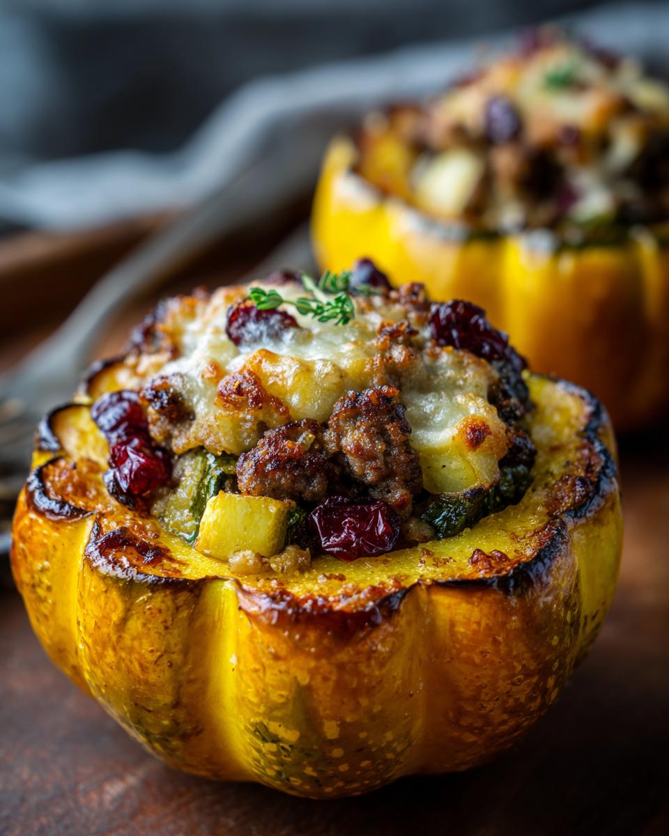 A close-up of a baked stuffed acorn squash filled with sausage, cranberries, and topped with melted cheese.