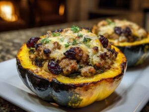 Close-up of a savory stuffed acorn squash half topped with melted cheese, sausage, and dried cranberries.