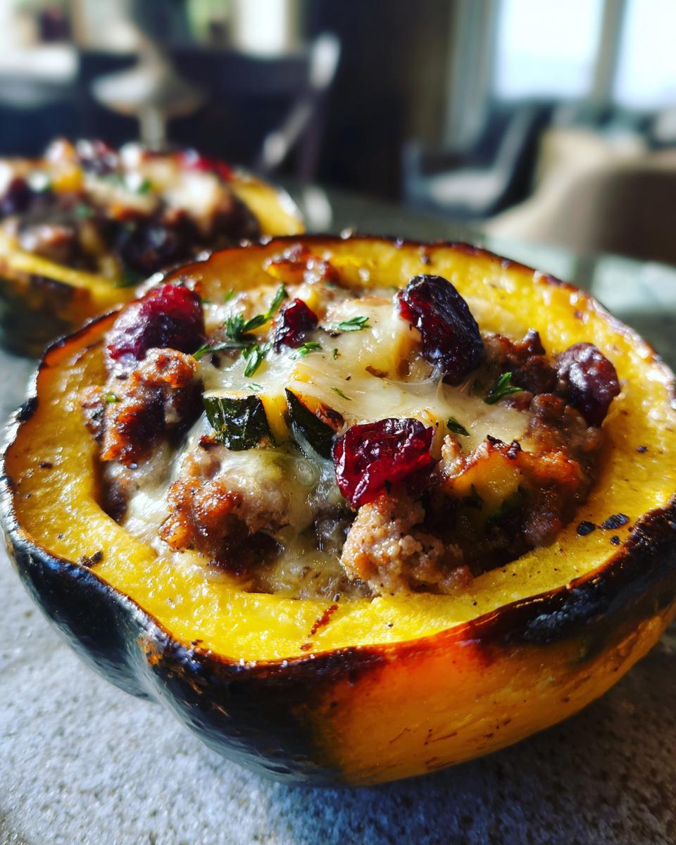 A close-up of a roasted stuffed acorn squash half filled with savory meat, melted cheese, and dried cranberries, a perfect 550 calorie stuffed acorn squash.