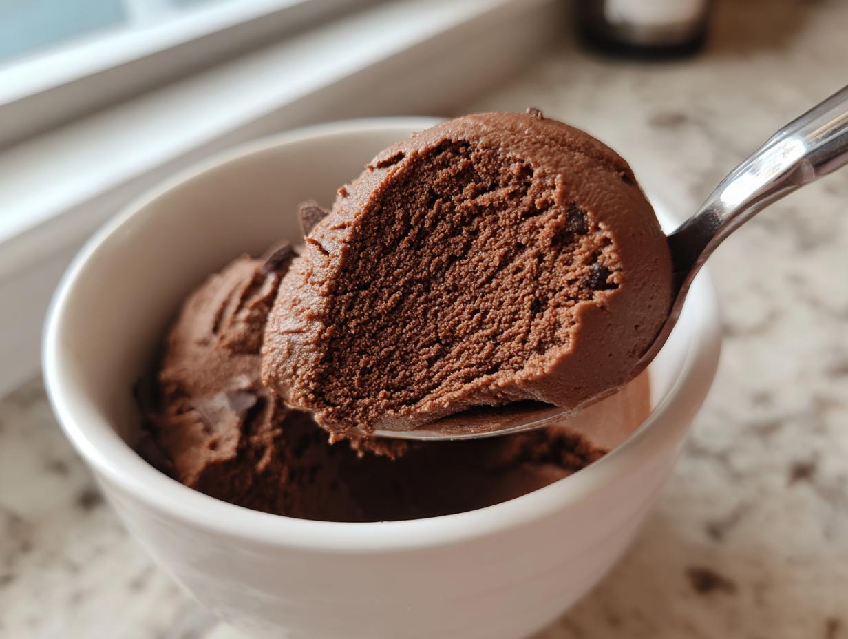 A spoonful of rich, dark homemade chocolate pudding being lifted from a white bowl.