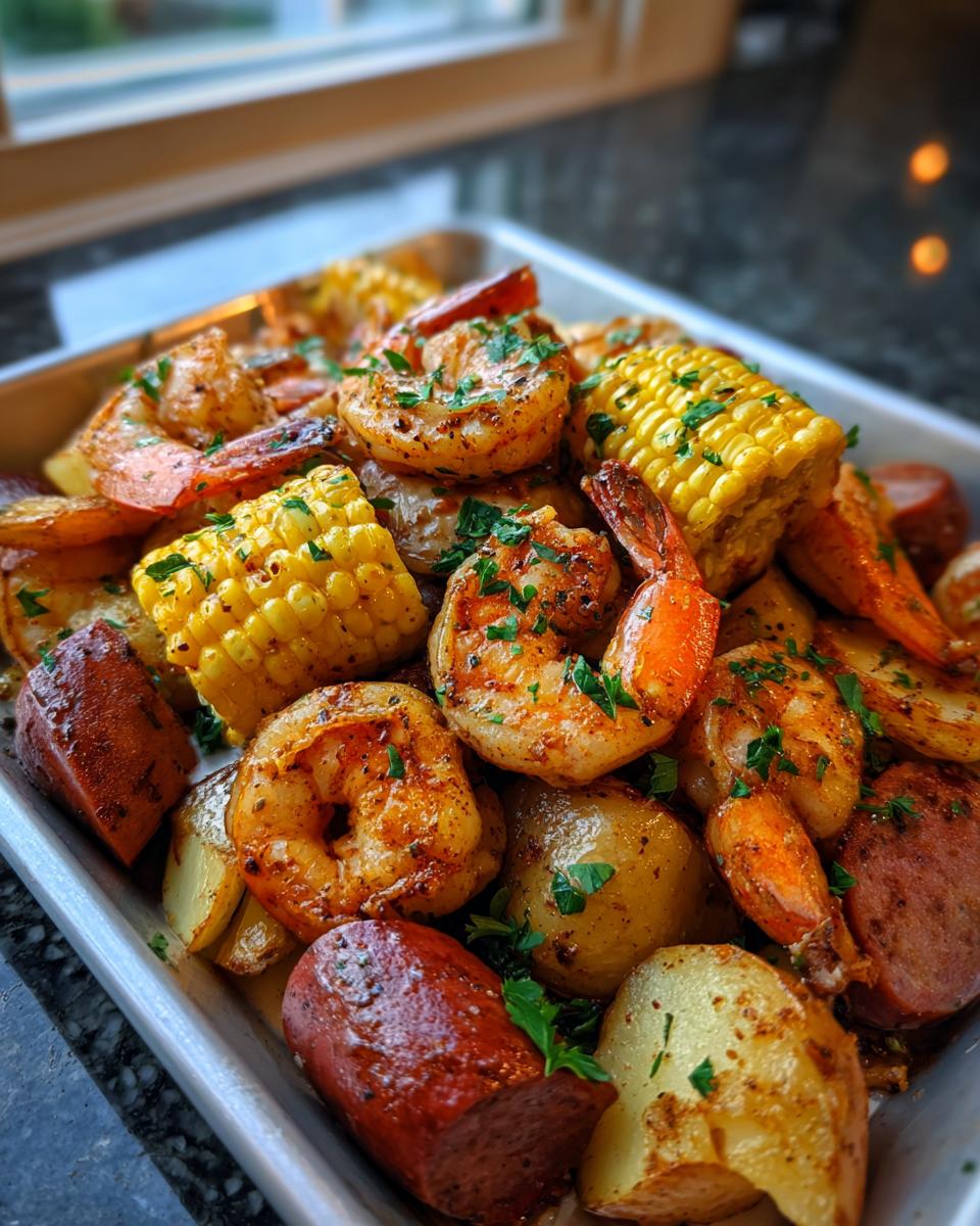 Close-up of a delicious shrimp boil featuring seasoned shrimp, corn on the cob, potatoes, and smoked sausage.